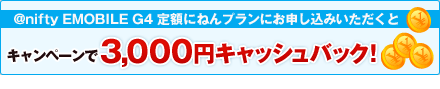 アット・ニフティ EMOBILE G4 定額にねんプランにお申し込みいただくとキャンペーンでキャッシュバック！