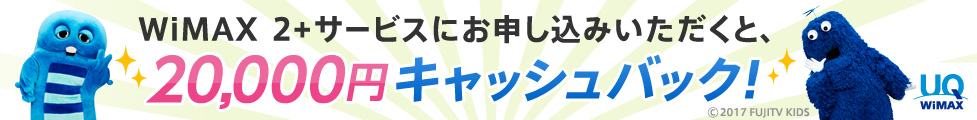 ワイマックス ツープラスサービスにお申し込みいただくと、20,000円キャッシュバック！