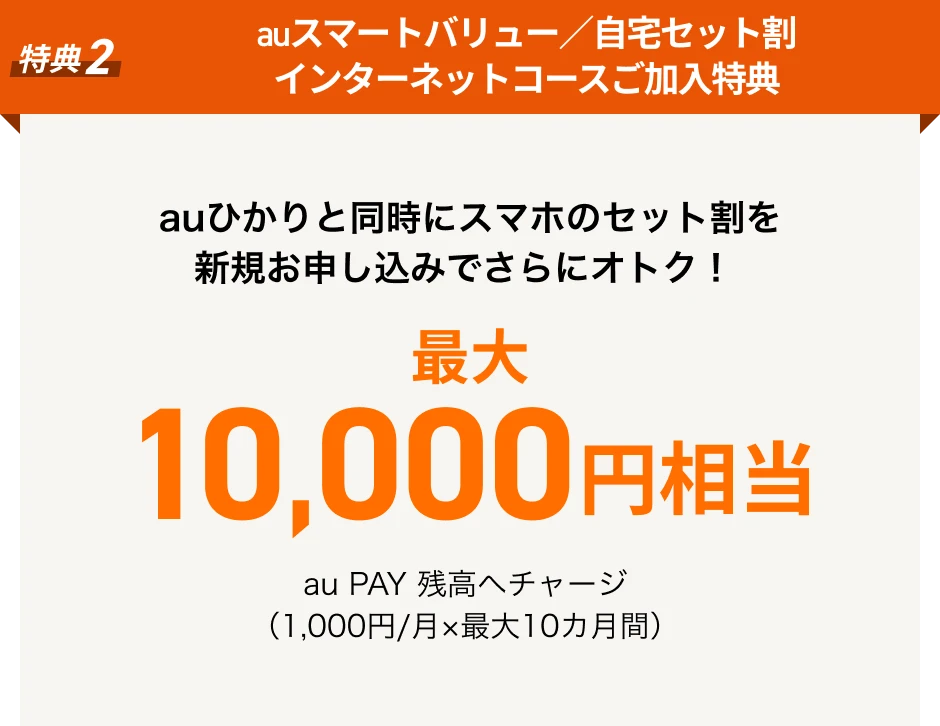 特典2auスマートバリュー/自宅セット割 新規ご加入特典 auひかりと同時にスマホのセット割を新規お申し込みでさらにオトク!合計最大10,000円分相当 auPAY残高へチャージ（1,000円/月×最大10カ月間）