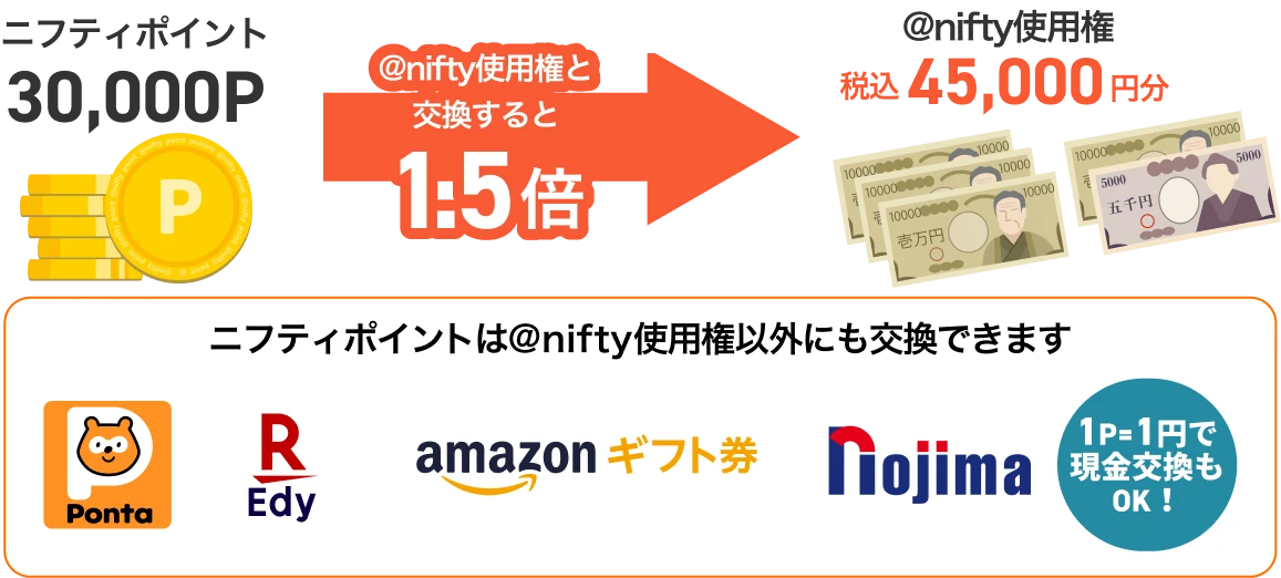 ニフティポイント30,000ポイント@nifty使用権と交換すると@nifty使用権税込45,000円分