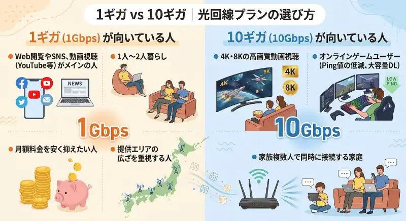 1ギガvs10ギガ 光回線プランの選び方 1ギガ(1Gbps)が向いてる人 ・Web閲覧やSNS、動画視聴(YouTube等)がメインの人・1人~2人暮らし・月額料金を安く抑えたい人・提供エリアの広さを重視する人 10ギガ(10Gbps)が向いてる人 ・4K・8Kの高画質動画視聴・オンラインゲームユーザー・家族複数人で同時に接続する家庭