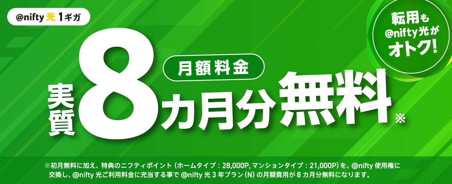 アット・ニフティ光1ギガ 実質8ヶ月分月額料金無料