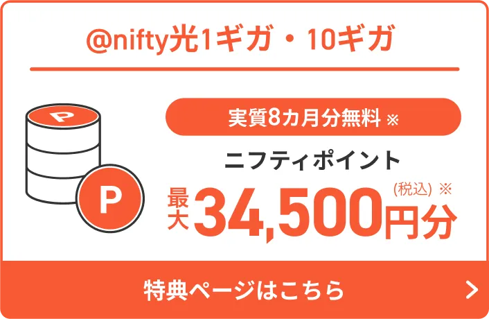 @nifty光1ギガ・10ギガ 実質8ヶ月分無料 ニフティポイント最大34,500円分 特典ページはこちら