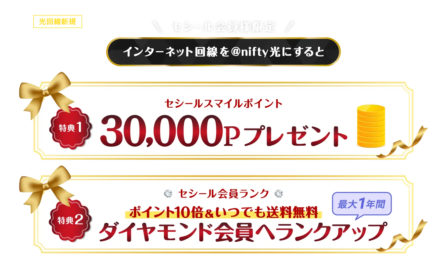セシール会員様限定。インターネット回線をニフティ光にすると、特典1セシールスマイルポイント30,000Pプレゼント。特典2セシール会員ランク ポイント10倍&いつでも送料無料ダイヤモンド会員へランクアップ最大1年間