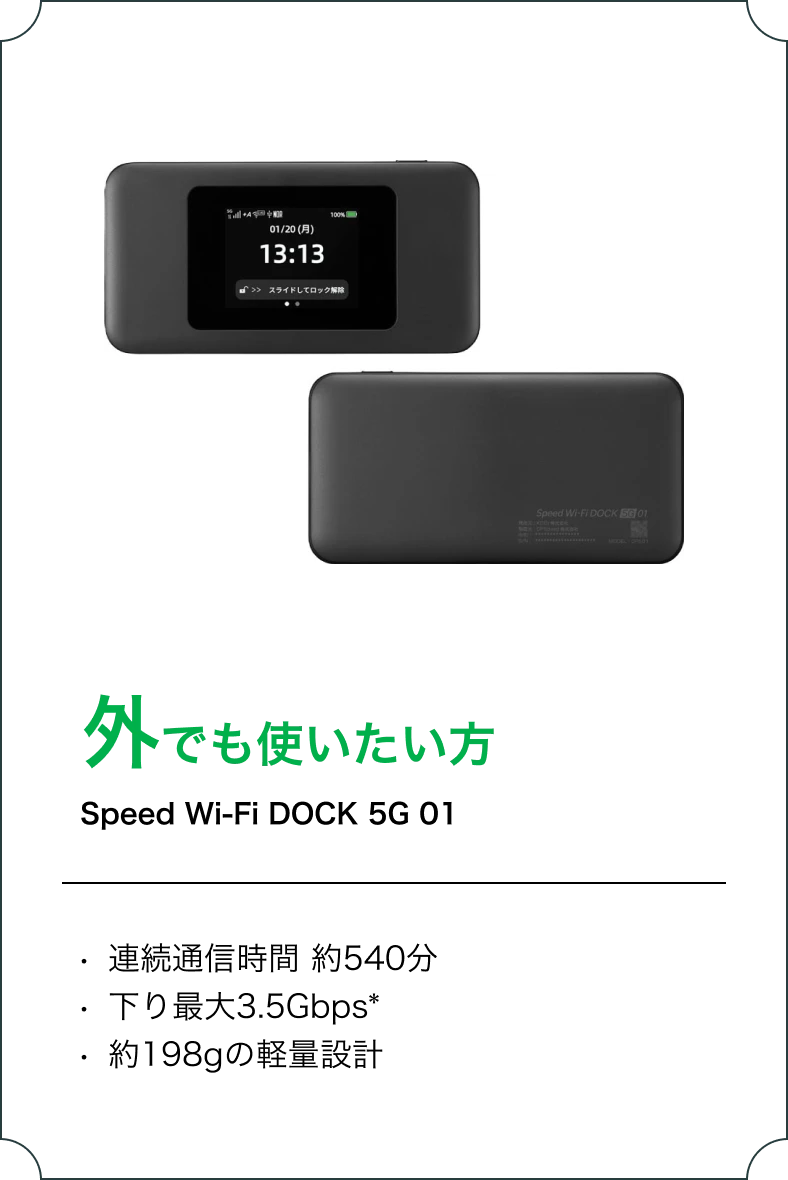 外でも使いたい方 Speed Wi-Fi DOCK 5G 01連続通信時間　約540分 下り最大3.5Gbps※約198gの軽量設計